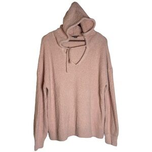 Belle by Belldini Pink Fuzzy Oversized Knit Hoodie Sweater V Neck Ties Large L